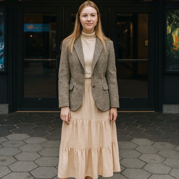 Vintage Woman's Wool Blazer Jacket Sz. 11 Camel Brown Grey Check Academia Y2K - Picture 1 of 9